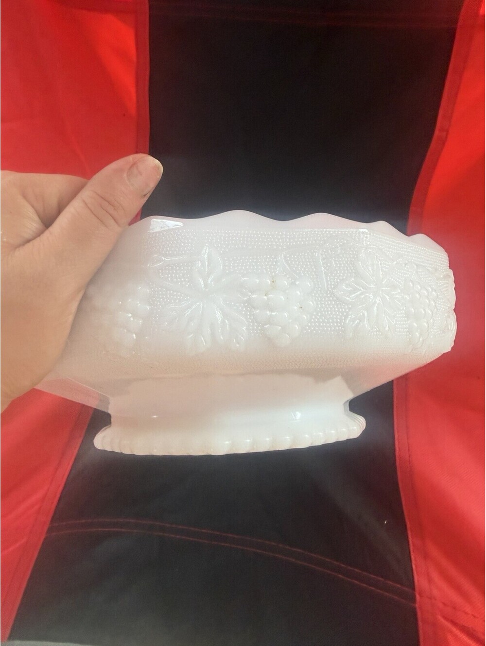 Anchor Hocking Fire King Vintage Milk Glass Grapes Pedestal Centerpiece Bowl USA